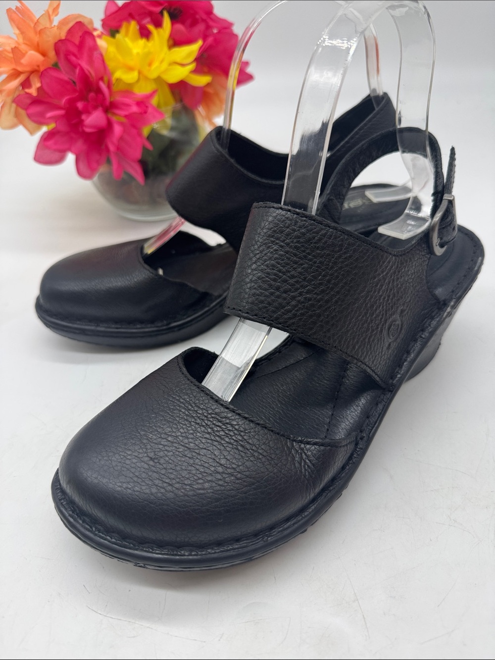 borm Comfortable Black Leather Women’s Slingback Heeled Sandals Size 8 BSN10171A